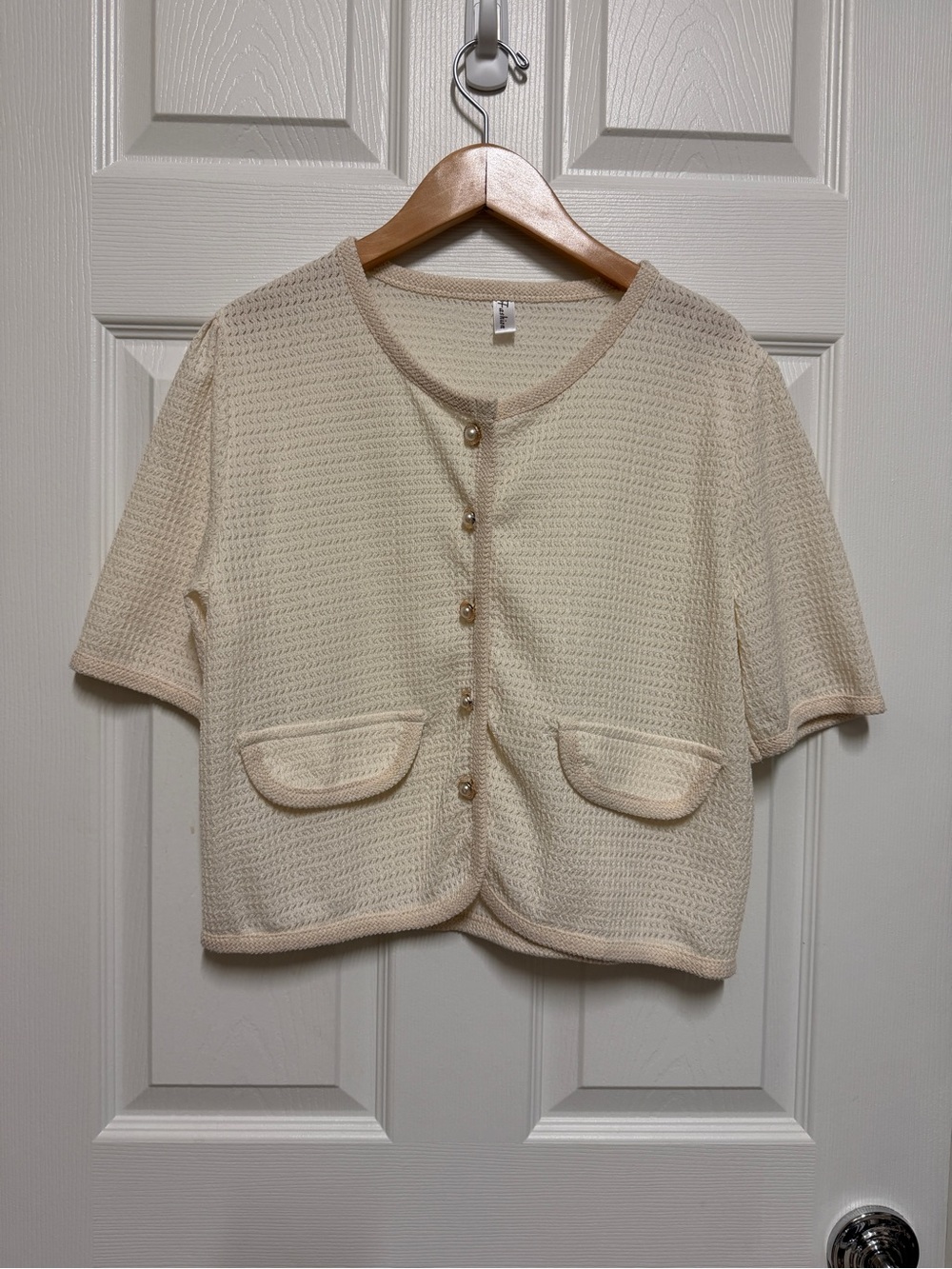 Cream Short-Sleeve Button Front Sweater Cardigan
